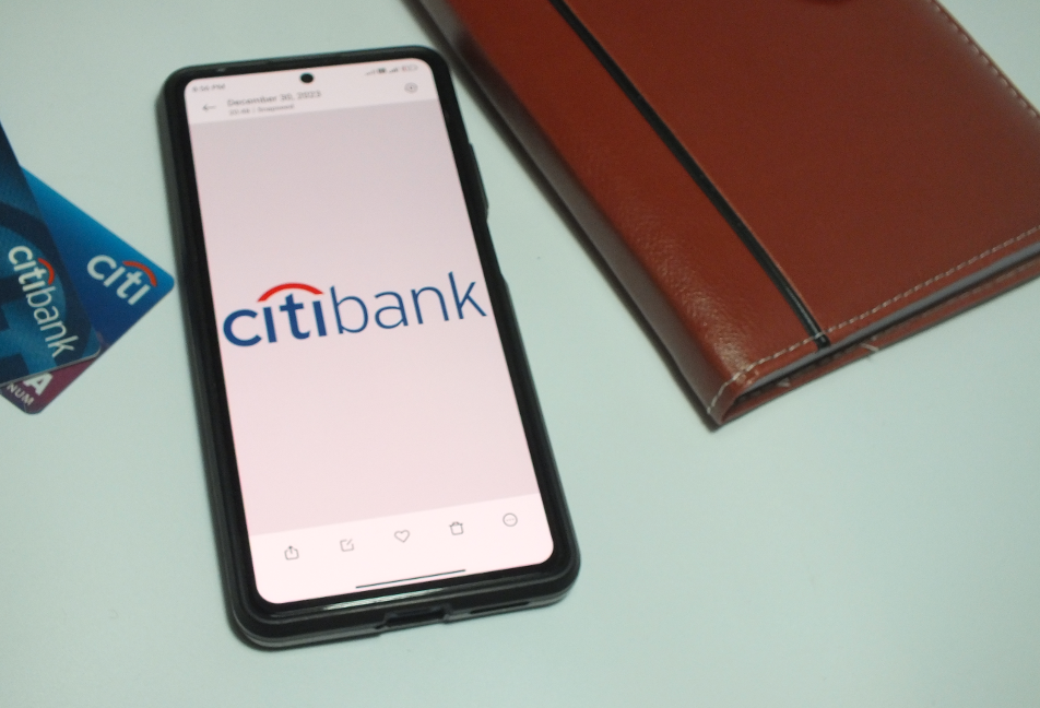 Closeup of Citibank logo,Citi Card is one of products of Citibank