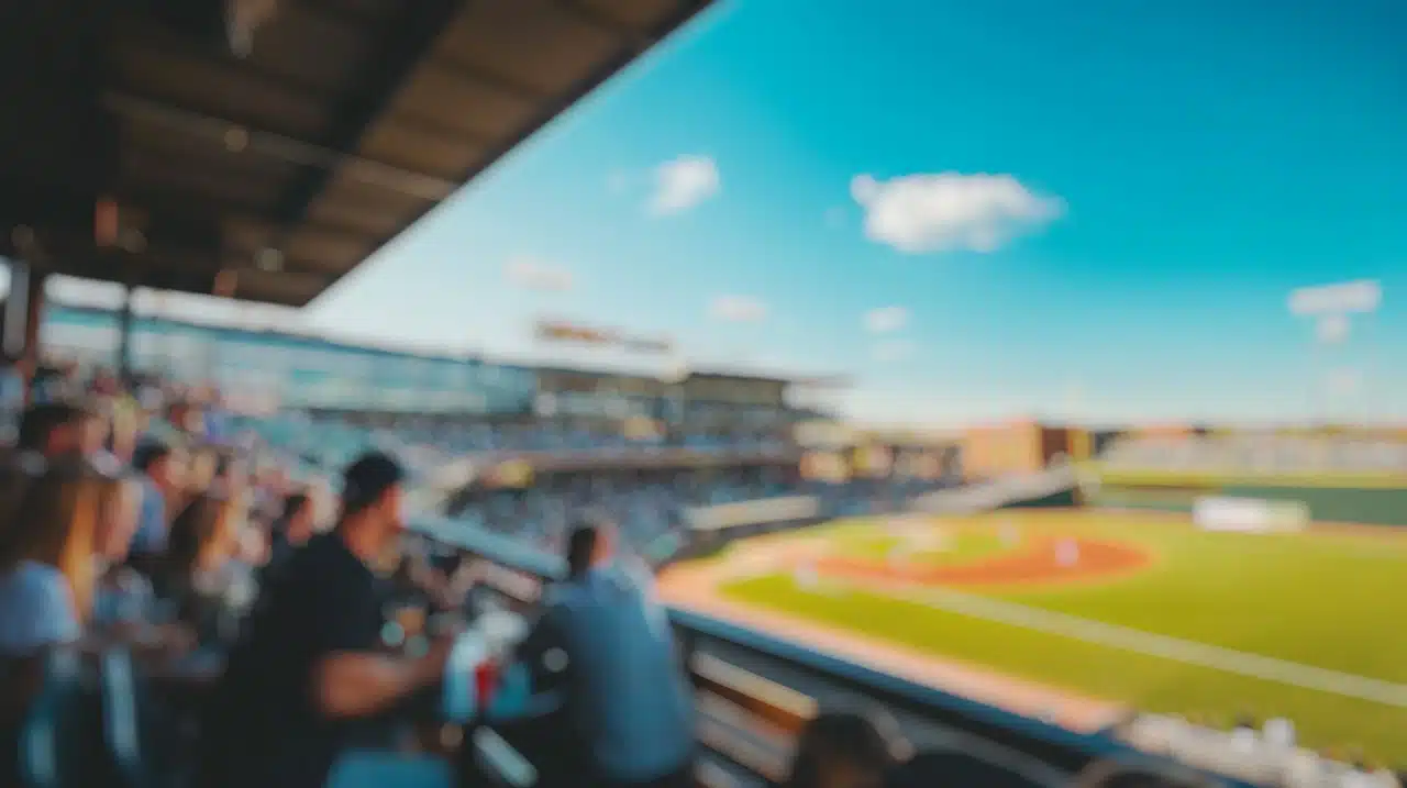 Blurred background of a lively baseball scene capturing players in action, vibrant atmosphere with enthusiastic fans enjoying the game in a sunny park setting.
