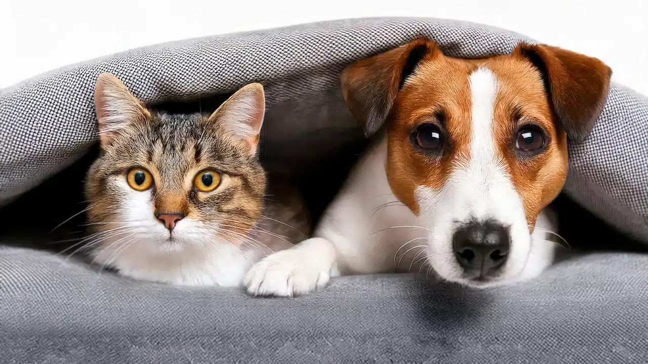 jack Russell the dog and the cat look at the camera