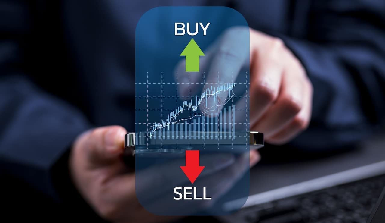 Businessman trader with growing virtual hologram stock, Buy and sell