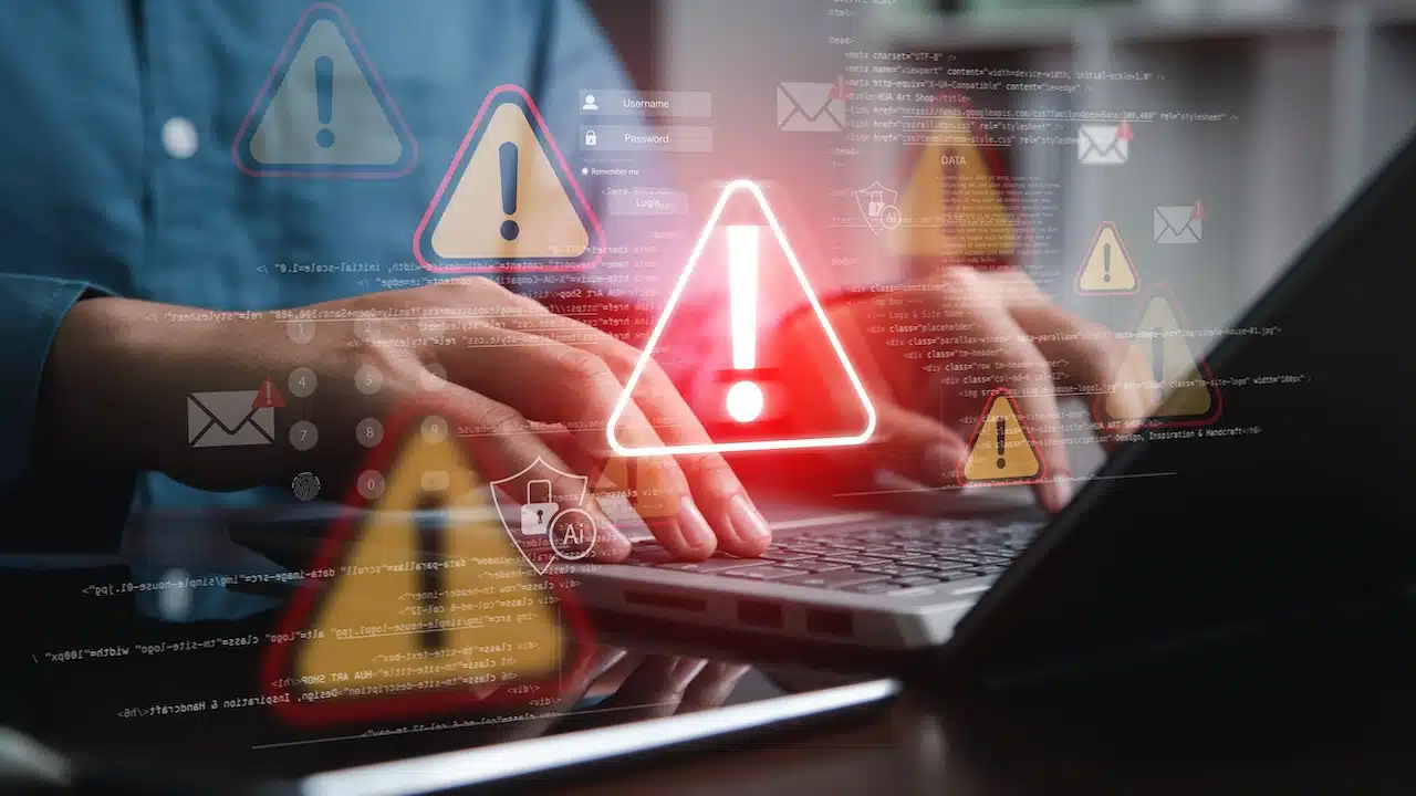 Cyber security risk concept, system alert on interface, hacking, IT system breach, AI-powered security alert.