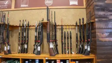 Hunting and sporting rifles are displayed on the shelves of an outdoor and hunting supply store.