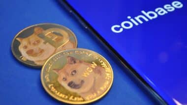 Macro view of gold color shiny coins with Dogecoin symbol and Coinbase background