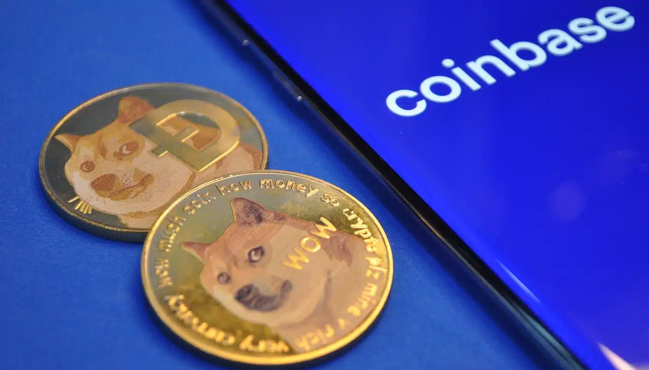 Macro view of gold color shiny coins with Dogecoin symbol and Coinbase background