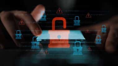 Digital security concept illustrating a cybersecurity breach, with a red unlocked padlock indicating data exposure among secure systems, emphasizing system vulnerability