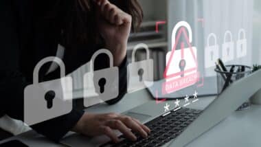 The image illustrates a woman working on a laptop with digital security icons, highlighting critical concerns about data breaches and the need for cybersecurity measures.