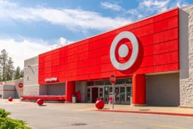 General view of the facade, logo and entrance of a Target department store in the city of Spokane, Washington USA.