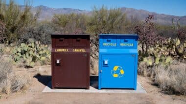 Trash and Recycling Bins in Arizona Desert in Saguaro National Park