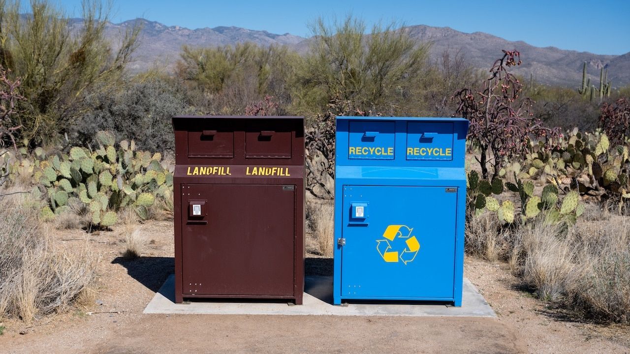 Trash and Recycling Bins in Arizona Desert in Saguaro National Park