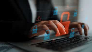 Digital security concept illustrating a cybersecurity breach, with a red unlocked padlock indicating data exposure among secure systems, emphasizing system vulnerability and risk