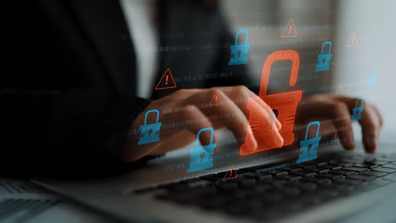 Digital security concept illustrating a cybersecurity breach, with a red unlocked padlock indicating data exposure among secure systems, emphasizing system vulnerability and risk