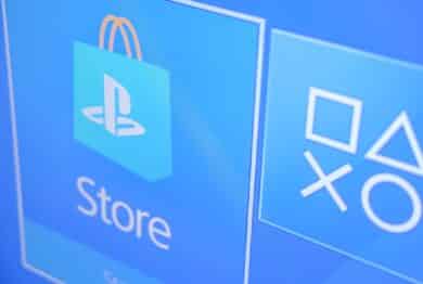 Playstation Store logo from PS4 apps on Television Screen - The PlayStation Store is an online virtual market available to their users.