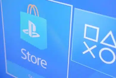 Playstation Store logo from PS4 apps on Television Screen - The PlayStation Store is an online virtual market available to their users.