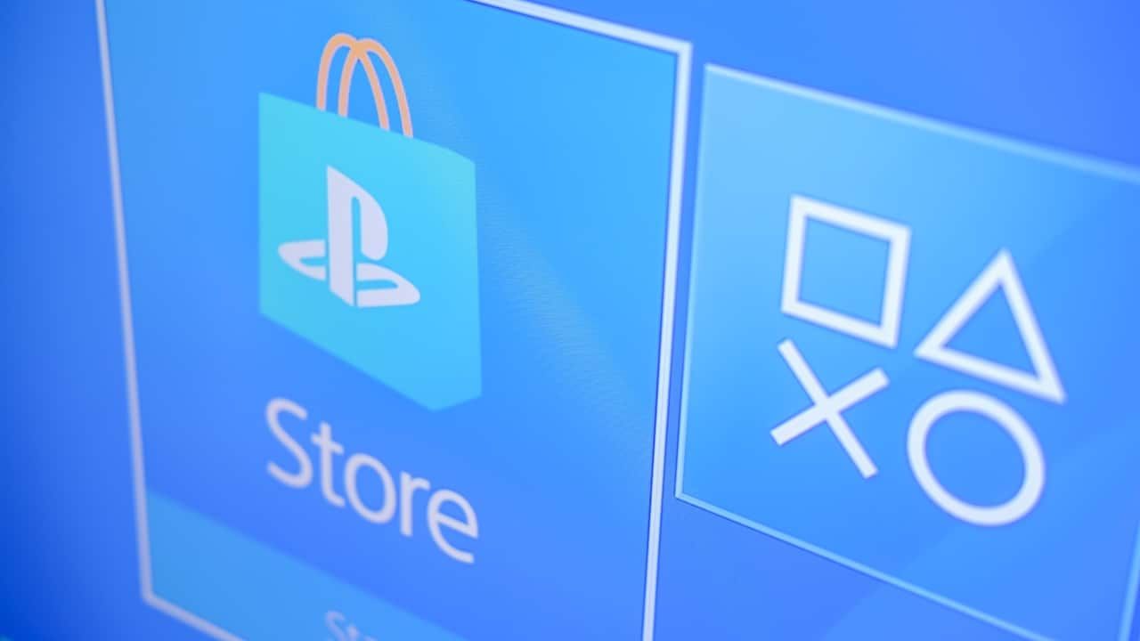 Playstation Store logo from PS4 apps on Television Screen - The PlayStation Store is an online virtual market available to their users.