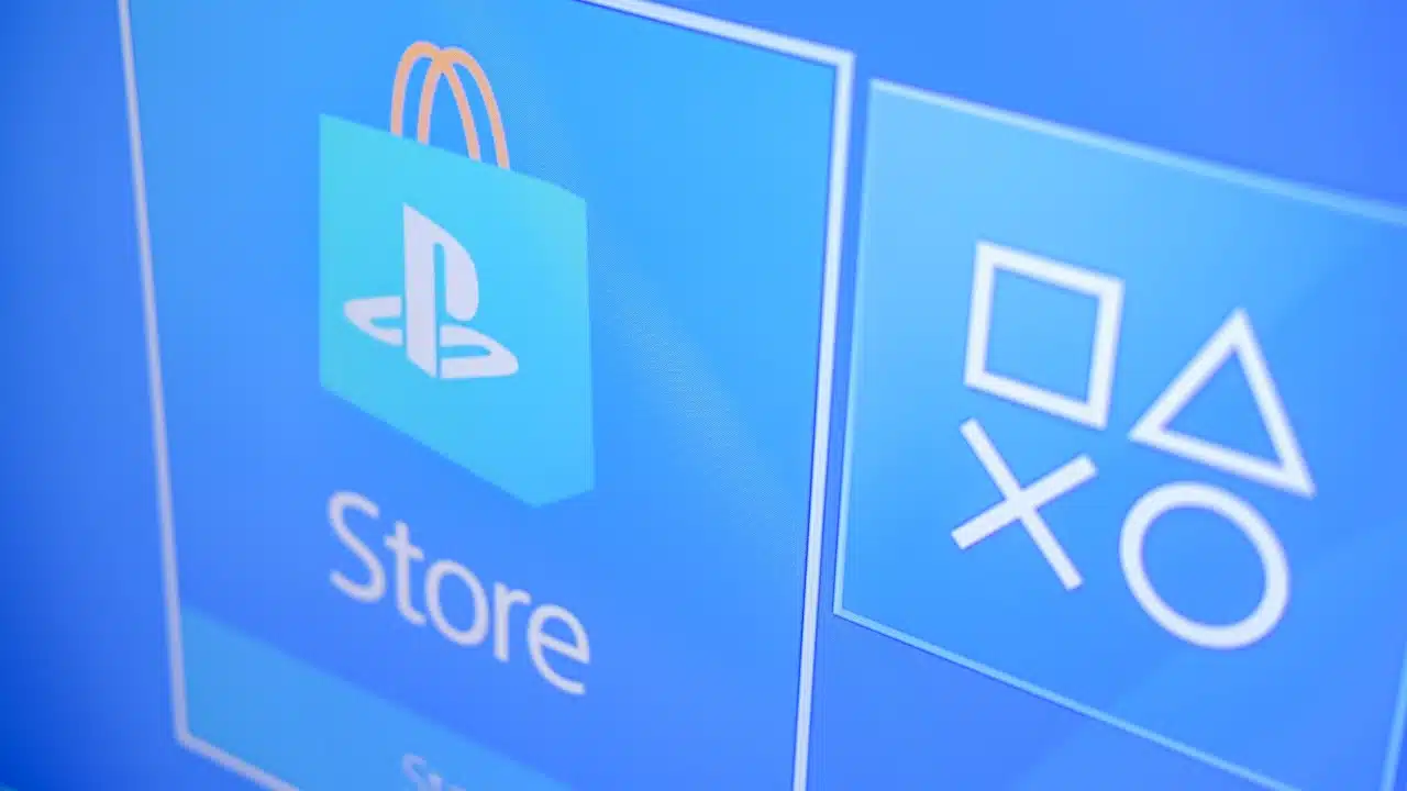 Playstation Store logo from PS4 apps on Television Screen - The PlayStation Store is an online virtual market available to their users.