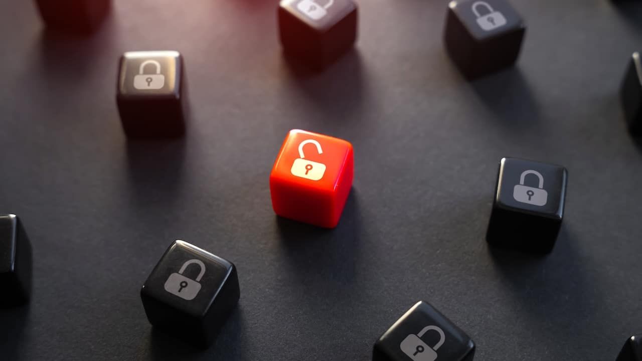 The threat of information leakage and the security of the system. Red open padlock among closed black ones.