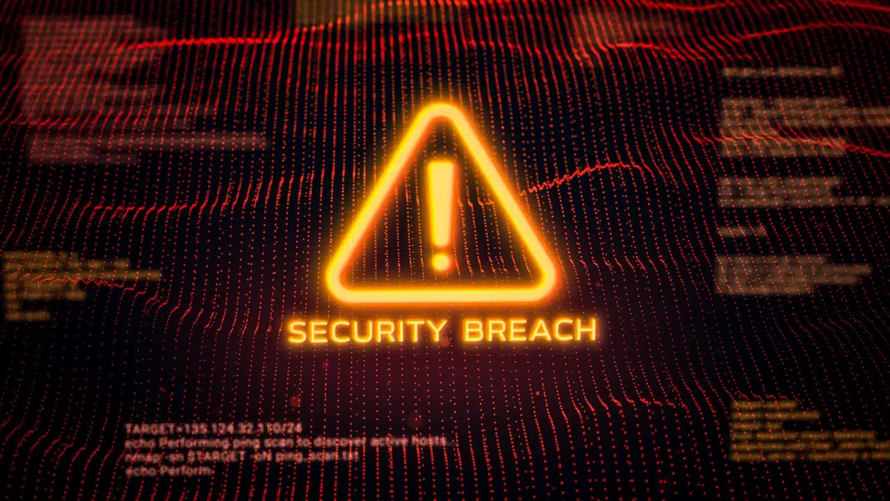 Business server show security breach alert warning sign, Hacker access private confidential database, Cyber attack data protection system exploit concept, hacking computer tech screen 3d rendering