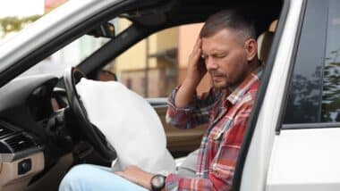 Injured man near opened airbag in automobile after car accident