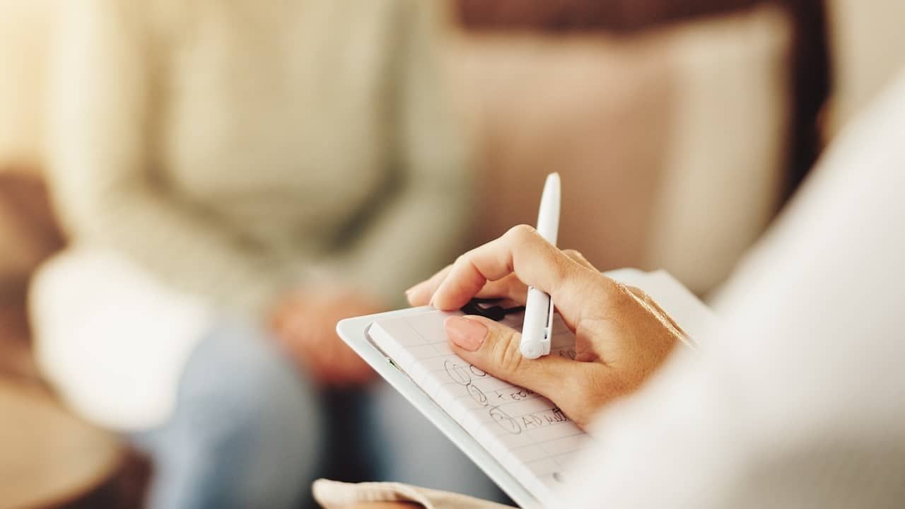 Clipboard, patient and hands of therapist in office for mental health