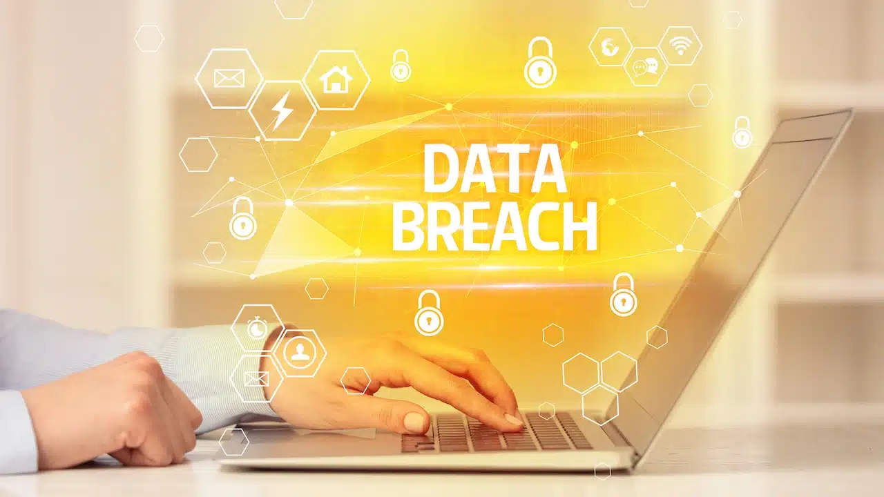 DATA BREACH inscription on laptop, internet security and data protection concept, blockchain and cybersecurity