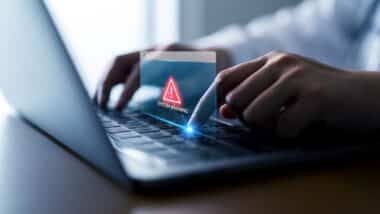 Cybersecurity threat, patient data error notification or digital system failure in technology concept.