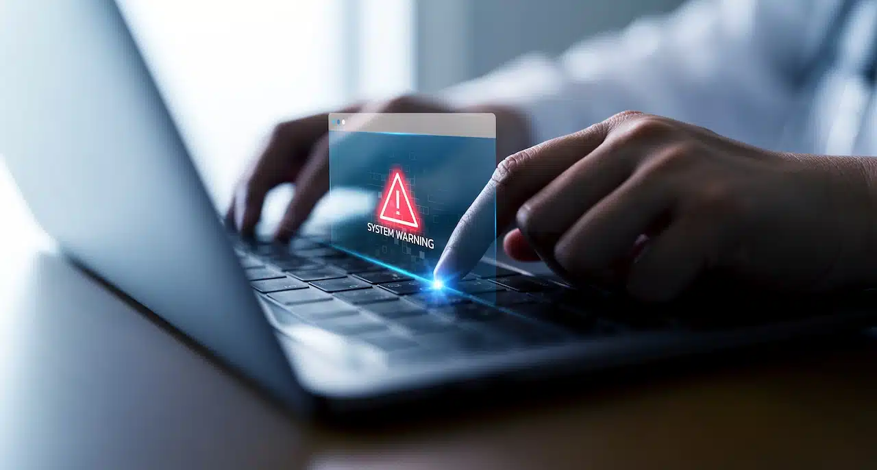 Cybersecurity threat, patient data error notification or digital system failure in technology concept.