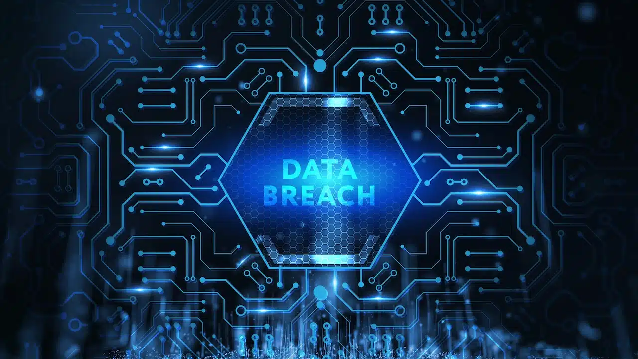 Digital business and technology concept, virtual screen showing DATA BREACH. 3d illustration