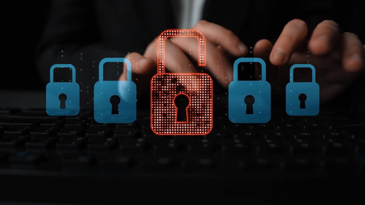 Digital security concept illustrating a cybersecurity breach, with a red unlocked padlock indicating data exposure among secure systems, emphasizing system vulnerability