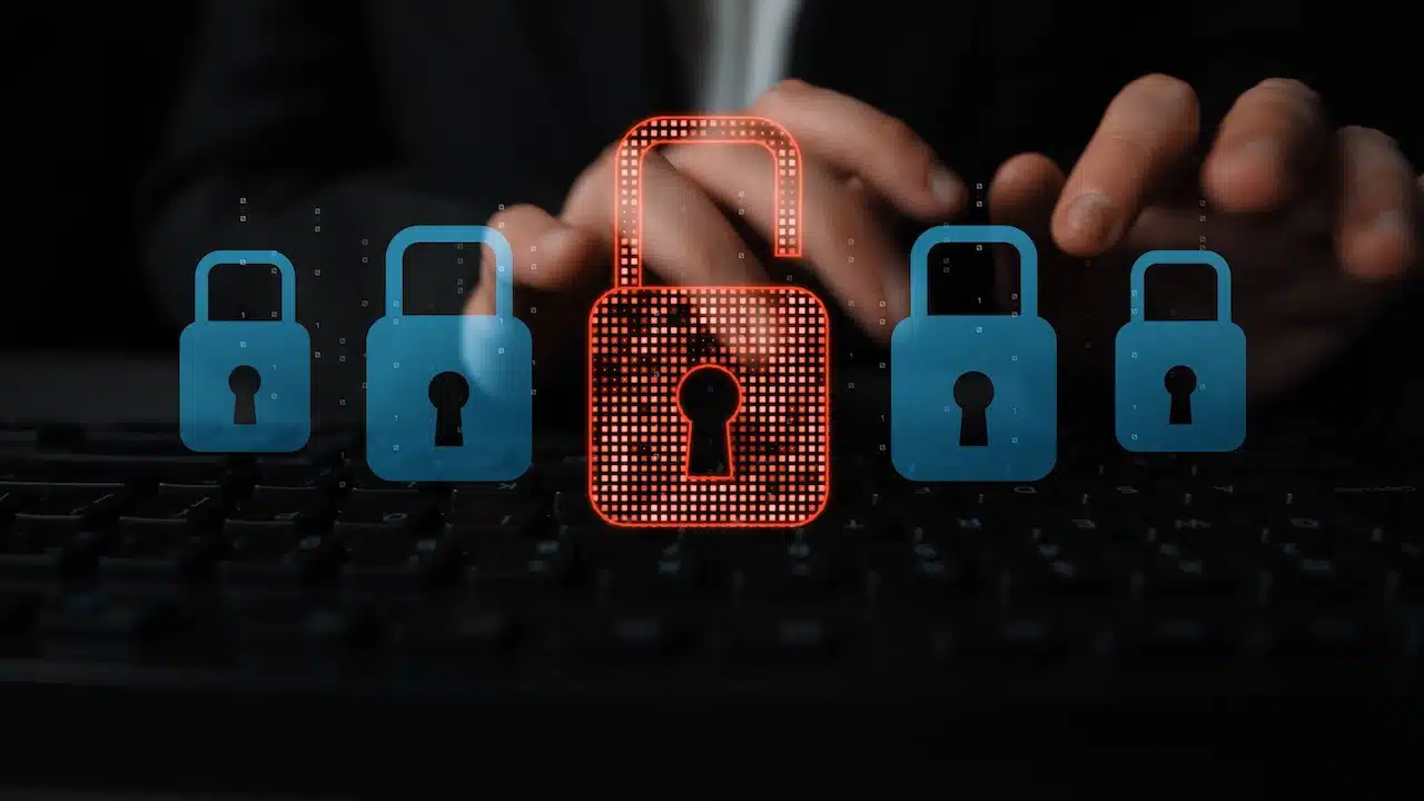 Digital security concept illustrating a cybersecurity breach, with a red unlocked padlock indicating data exposure among secure systems, emphasizing system vulnerability