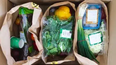 Hello Fresh, meal box on a kitchen table, food delivery, fresh vegetables with meat, fish or vegetarian and even vegan. ingredients for dinner, cooking yourself