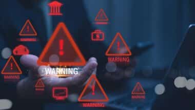 Cybersecurity Warning Alert Futuristic Digital Interface with Red System Error Icons and Data Breach Concept.