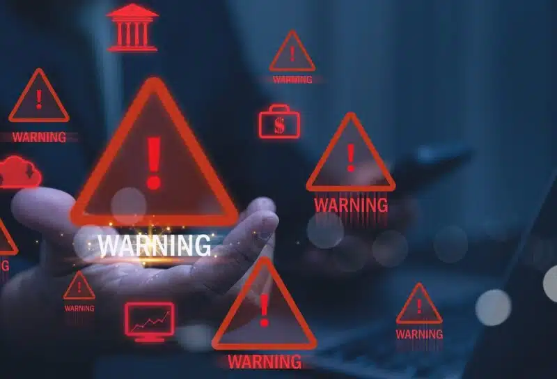 Cybersecurity Warning Alert Futuristic Digital Interface with Red System Error Icons and Data Breach Concept.