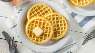 Freezer Waffles with Butter and Maple Syrup