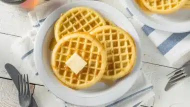 Freezer Waffles with Butter and Maple Syrup