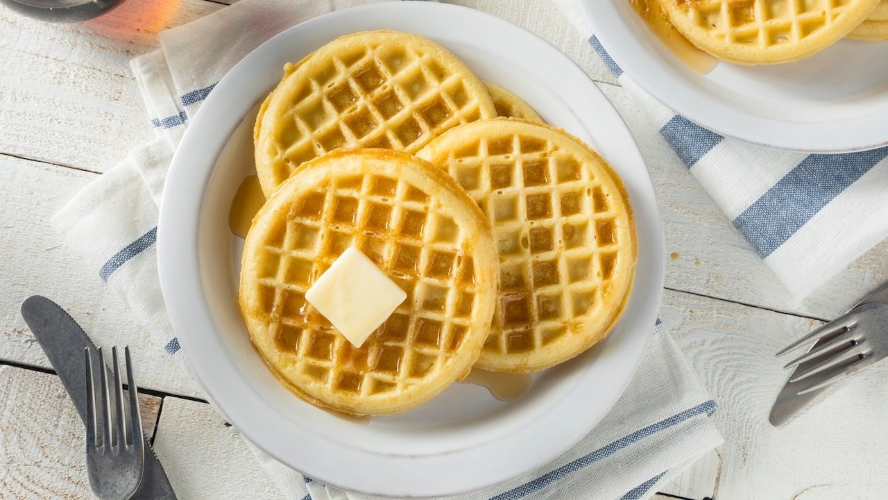 Freezer Waffles with Butter and Maple Syrup