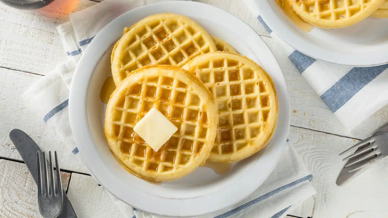 Freezer Waffles with Butter and Maple Syrup