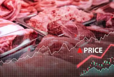 Shot of uncooked fresh meat in counter of meat store. Price increase of meat products.