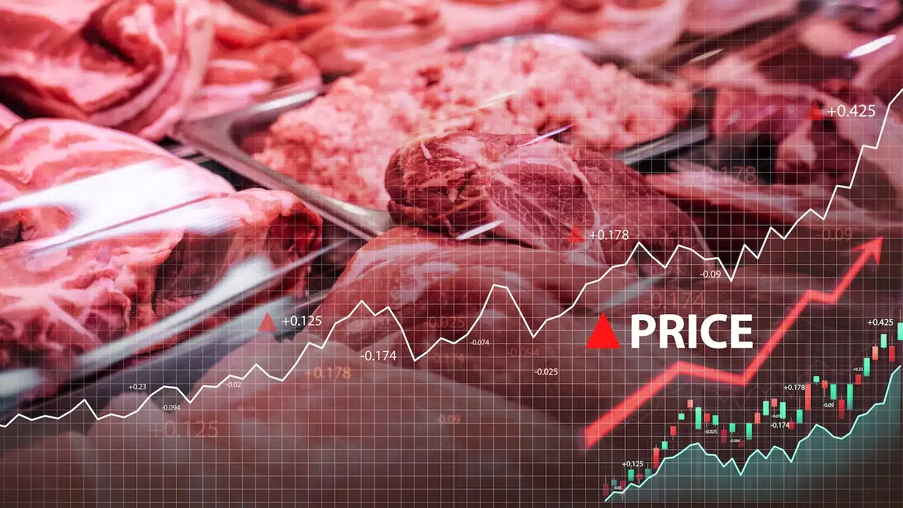 Shot of uncooked fresh meat in counter of meat store. Price increase of meat products.