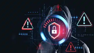 Person in hoodie with digital padlock lock and alert icons