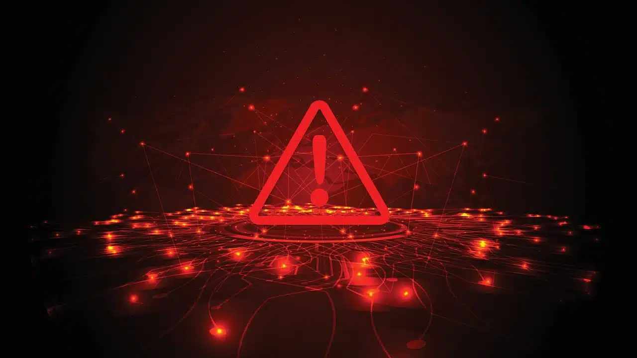 Attention warning attacker alert sign with exclamation mark on dark red background.Security protection Concept. vector illustration.