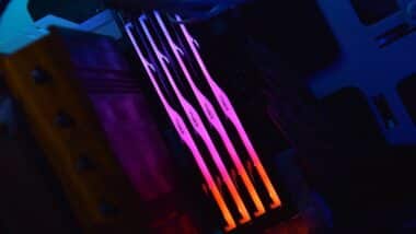 Luminous panel package of G.Skill ddr 5 trident z 5 rgb desktop memory on light background.