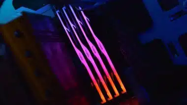 Luminous panel package of G.Skill ddr 5 trident z 5 rgb desktop memory on light background.