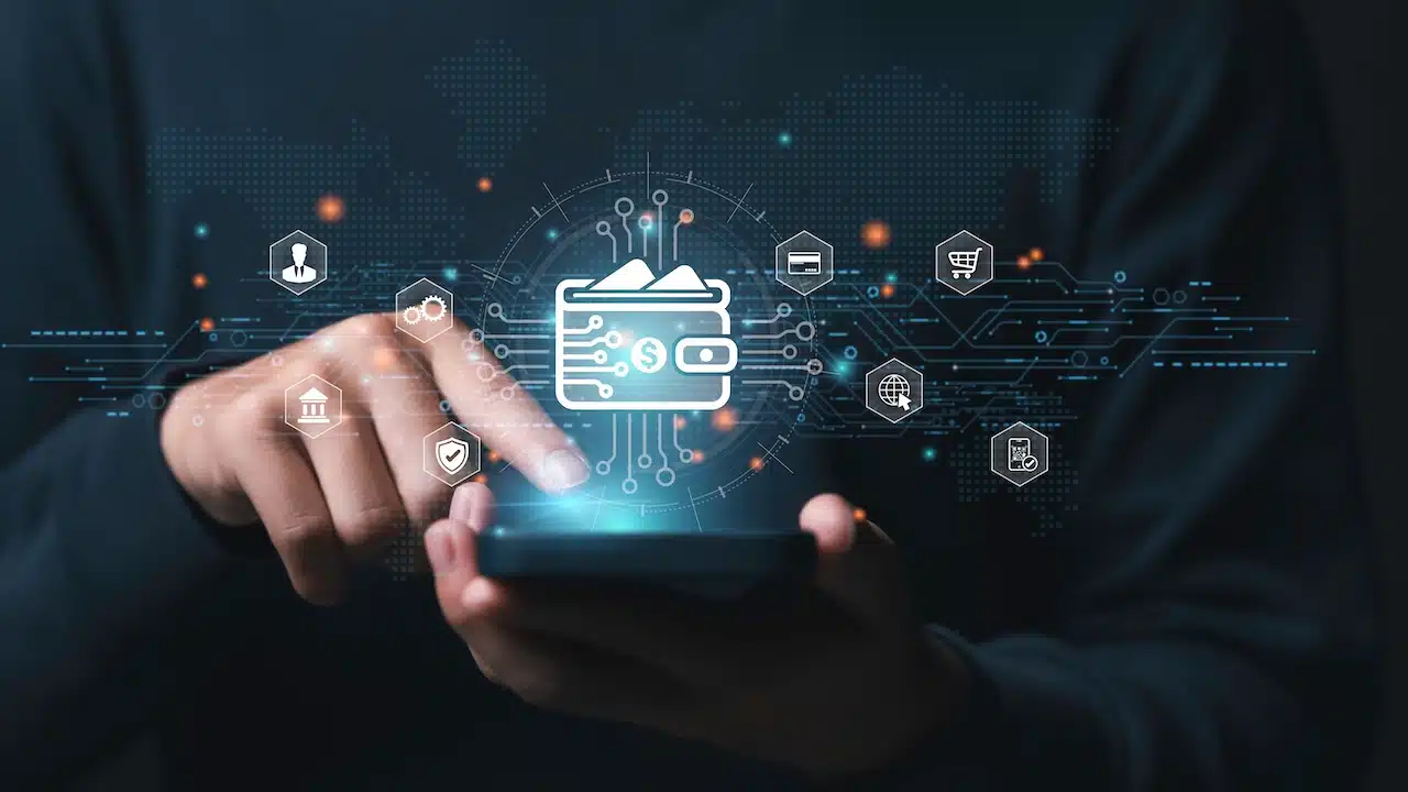 Businessman Hand Using smartphone for Online Payment by Digital Wallet.