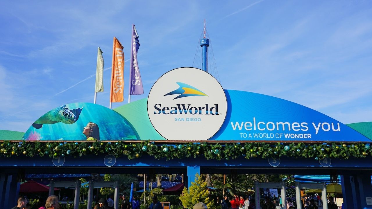 View of SeaWorld, a landmark marine animal theme park in San Diego, California, United States.