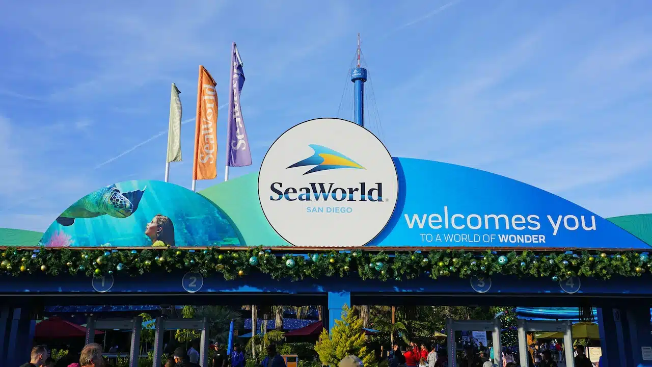 View of SeaWorld, a landmark marine animal theme park in San Diego, California, United States.