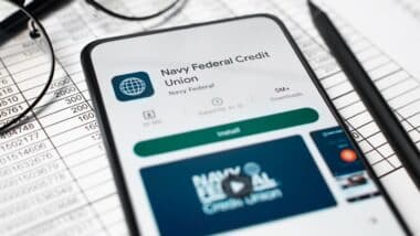 Navy Federal Credit Union financial mobile app on smartphone screen in workplace online shop.