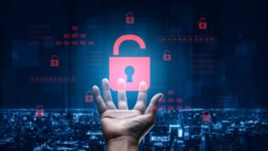 Digital security concept illustrating a cybersecurity breach, with a red unlocked padlock indicating data exposure among secure systems