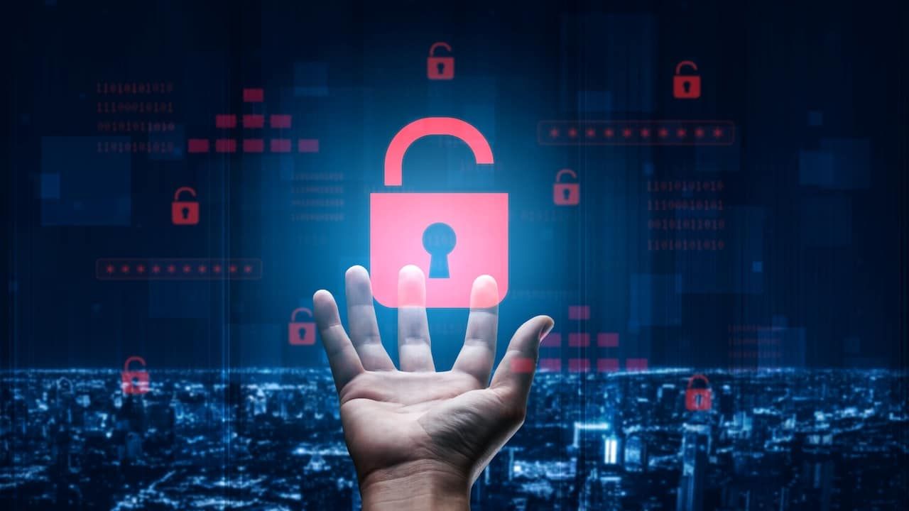 Digital security concept illustrating a cybersecurity breach, with a red unlocked padlock indicating data exposure among secure systems