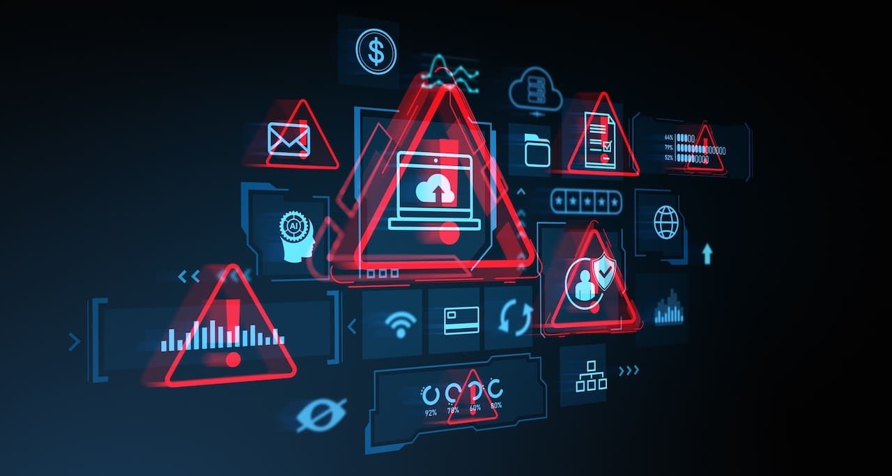 Security threat and data breach, warning and padlock signs. Digital information, cloud storage and transfer.