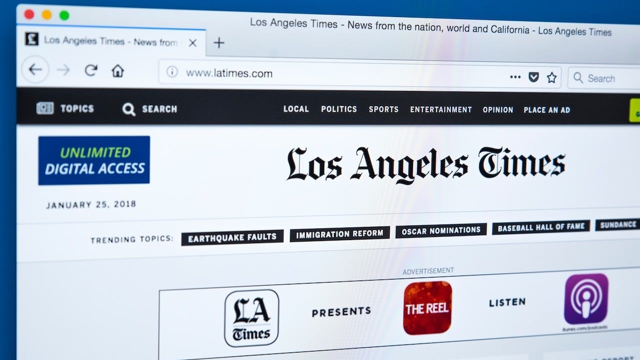 The homepage of the official website for the Los Angeles Times